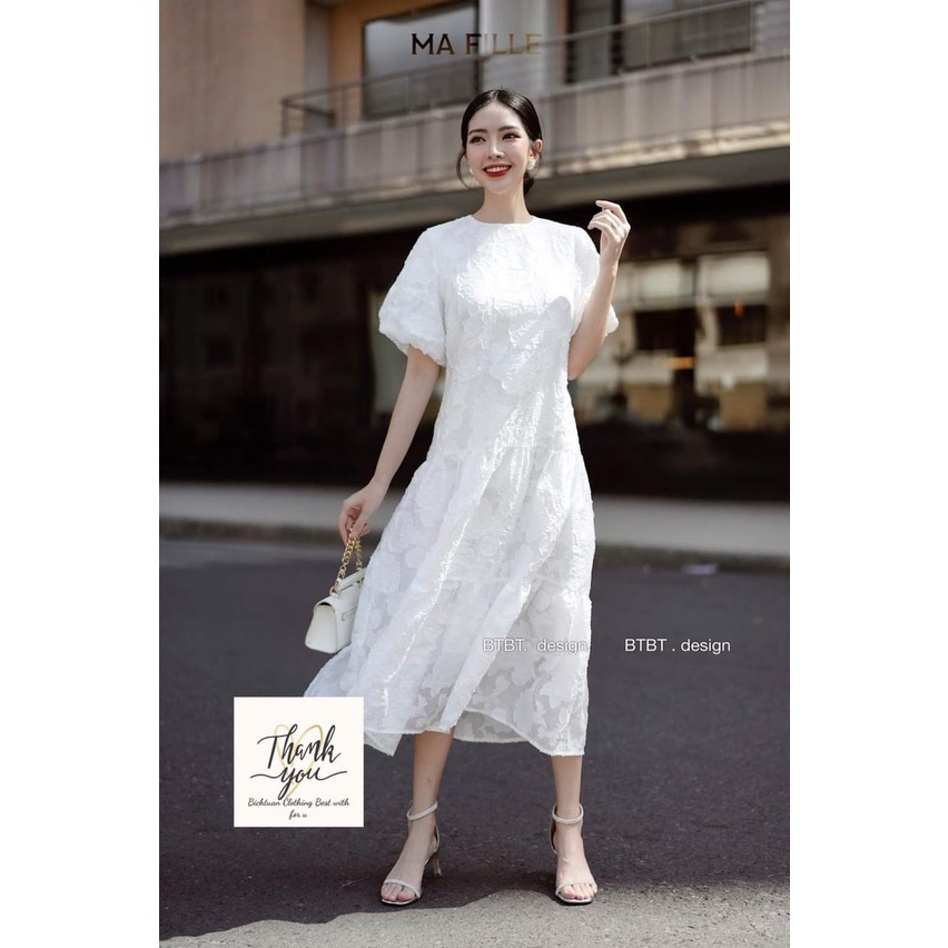 Váy đầm hoa nổi tầng đai tiểu thư