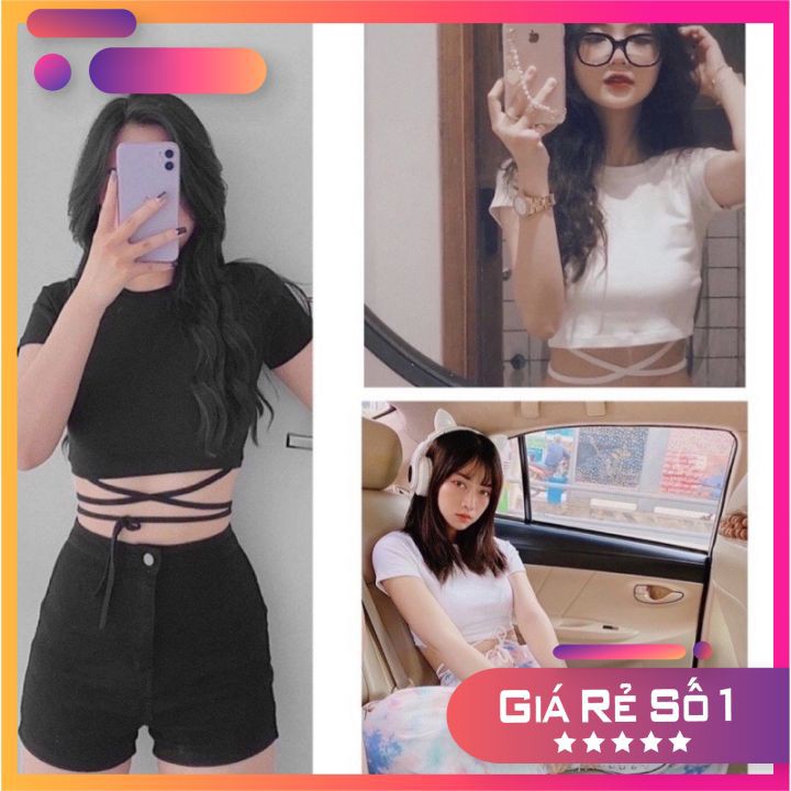 [Rẻ Vô Địch]Áo Croptop Đan Dây Eo Nữ [FREESHIP] 🌸 Phông Thun Body Dáng Ôm Thiết Kế Basic  Màu ĐEN | TRẮNG Ulzzang HOT 🌸