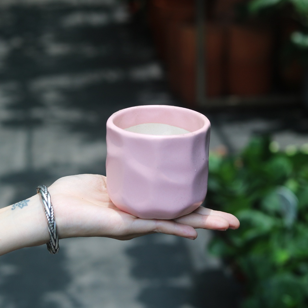 Chậu mini gốm tráng men màu hồng phấn, hồng pastel trồng sen đá, xương rồng