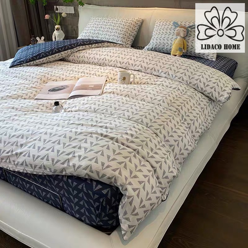 Bộ chăn ga gối cotton poly Lidaco decor phòng ngủ vintage - Chữ V trắng (SP001482)