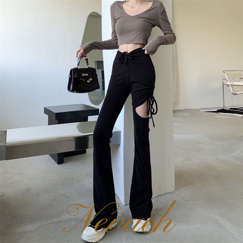 HONEY Thiết kế cảm giác vi La renup openwork quần âu phụ nữ quần cao eo mỏng loe quần