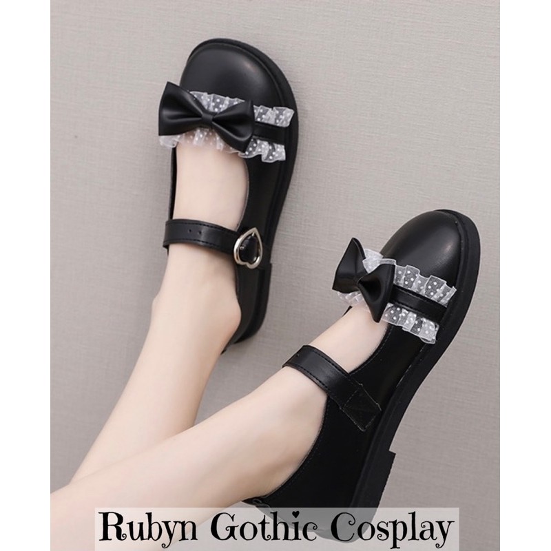 [CÓ SẴN]  Giày Búp Bê Lolita Mary Janes phối Nơ Ren quai dán khoá trái tim ( Size 35 - 39 )