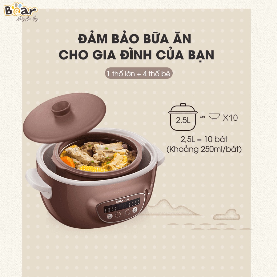 Nồi Bear 2l5, nồi nấu cháo chậm, nồi hầm đa năng full bộ 5 thố sứ kèm hấp