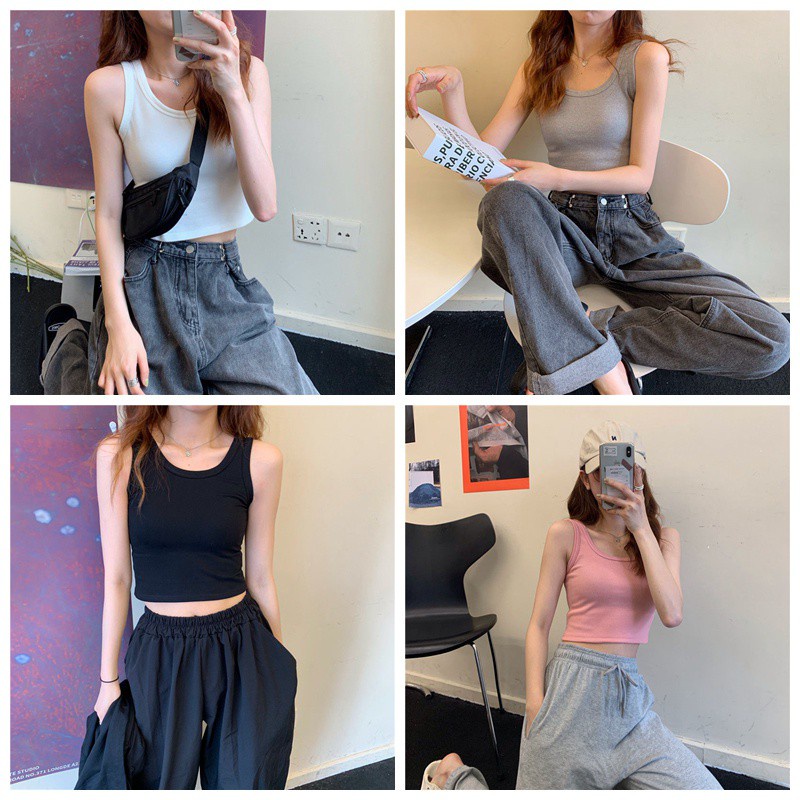 Áo Croptop Sát Nách Cổ Tròn Màu Trơn Thời Trang Mùa Hè Quyến Rũ Cho Nữ