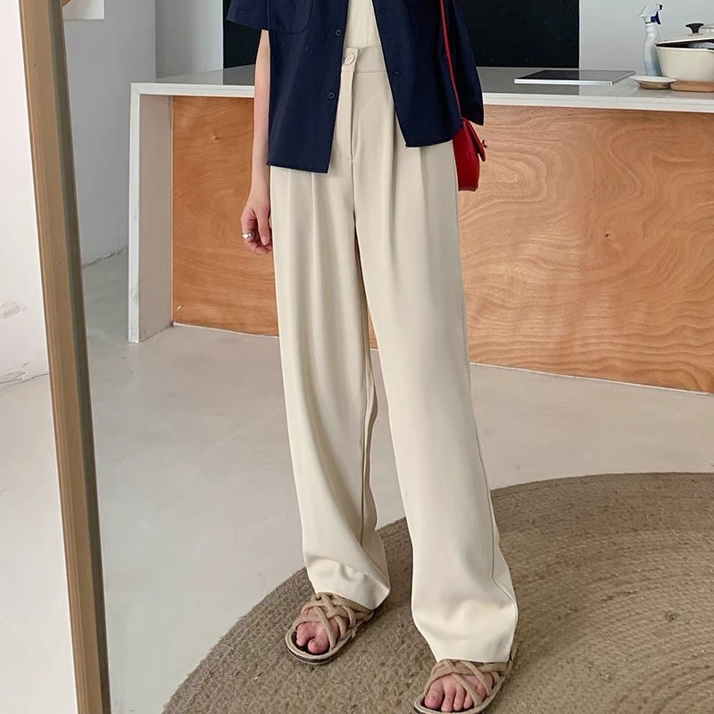 Quần tây nữ Ống rộng Lưng cao Màu trơn Form rộng Dáng suông Ulzzang Hàn Quốc Quần tây Ống rộng trơn nữ Cạp cao - Hàng mớ