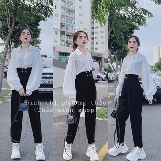 Set Áo Sơ Mi Trắng Tay Bồng Mix Quần Đen Basic MT52