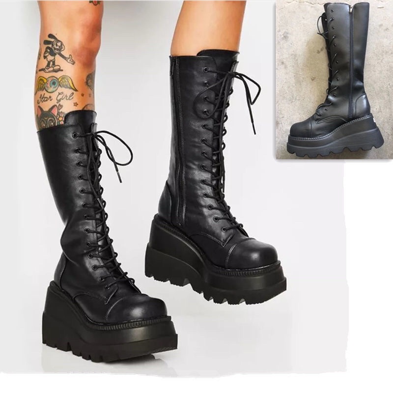 GIÀY BOOT CAO ĐẾ 9,5CM CỘT DÂY PHONG CÁCH THỜI TRANG GOTH PUNK