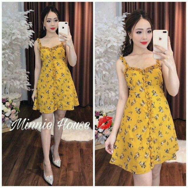 Đầm 2 dây nhúng bèo viền in hoa