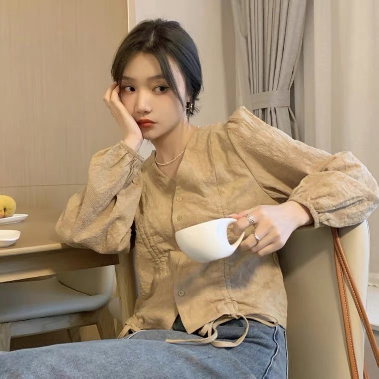 Áo sơ mi nữ bigsize 45-100kg, Áo Sơ mi kiểu nữ đẹp cá tính tay dài cổ chữ v Phong cách Hàn Quốc vintage thiết kế dây rút - quảng châu cao cấp | BigBuy360 - bigbuy360.vn