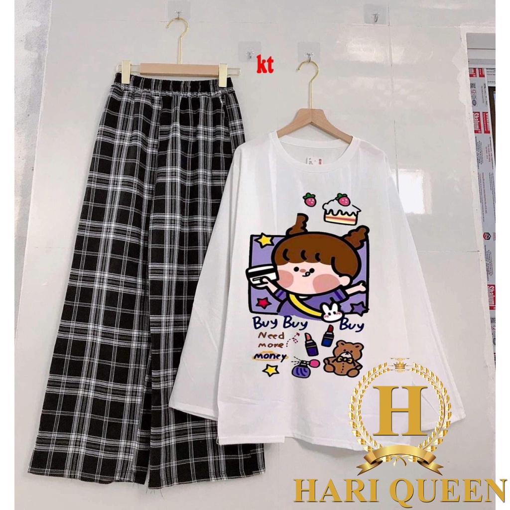 Sét áo thun cô gái Buy + quần kẻ HARIQUEEN