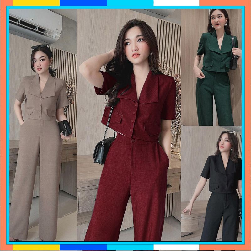 Set Đồ Nữ 💝FREESHIP💝 Set nguyên bộ quần dài ống suông áo croptop cổ vest 2 nắp túi giả xinh xắn J1170