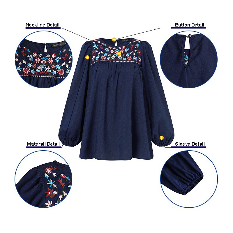 Áo kiểu Zanzea tay dài cổ tròn thêu hoa thời trang giản dị cho nữ