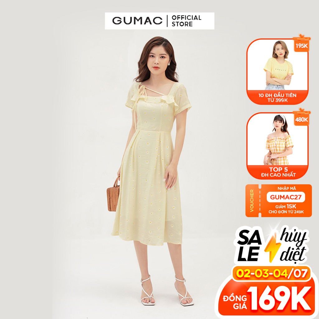 [Mã WABRGU72 giảm 10% tối đa 50k đơn 250k] Đầm xòe nữ cổ vuông bèo GUMAC màu vàng, đủ size DB3100