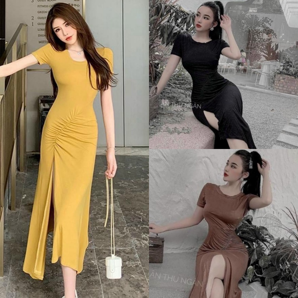 Đầm ôm body xẻ tà dáng dài tay ngắn phong cách trẻ trung năng động