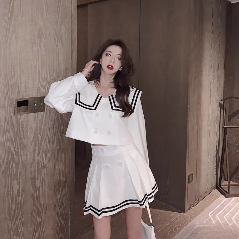 Set chan vay⚡Bán Lỗ⚡áo cổ viền kèm chân váy có viền màu trắng dài tay chấy liệu cotton[ v04] | BigBuy360 - bigbuy360.vn