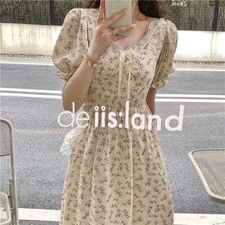 (Order) Đầm midi hoa nhí cổ tim tay phồng