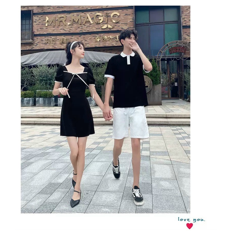 (Cao cấp, giá áo + váy) - Áo váy thun đôi, set đồ đôi đen xòe nơ trắng nhỏ - Đồ đôi nam nữ Forever Couple Store