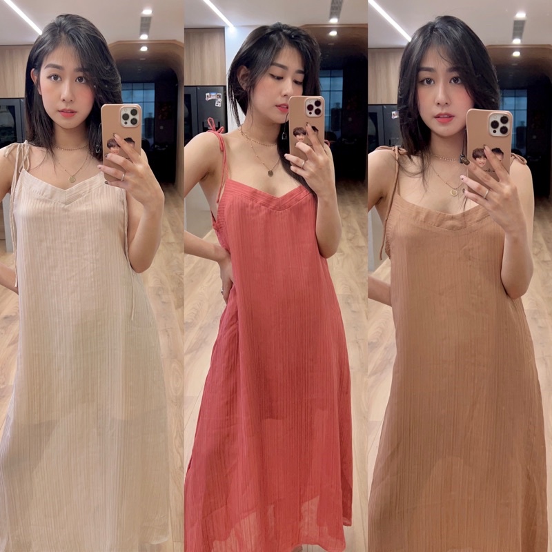 Váy hai dây dáng suông ET.TEE đầm voan đủ size màu hồng be nâu A1915