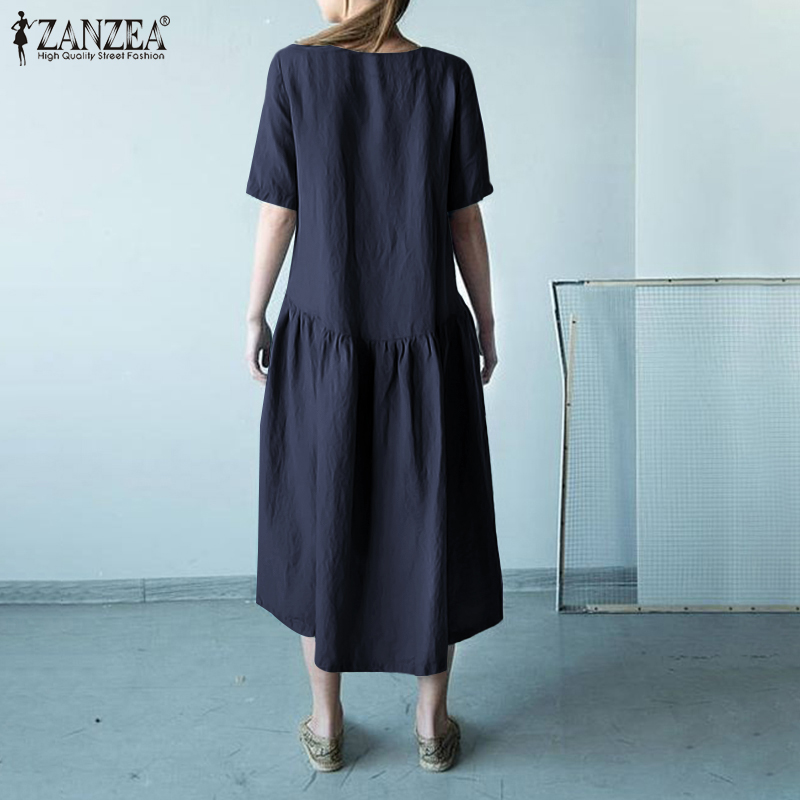 ZANZEA Women's Casual Loose Solid Round Neck Sleeves Split A-Line Dress | BigBuy360 - bigbuy360.vn