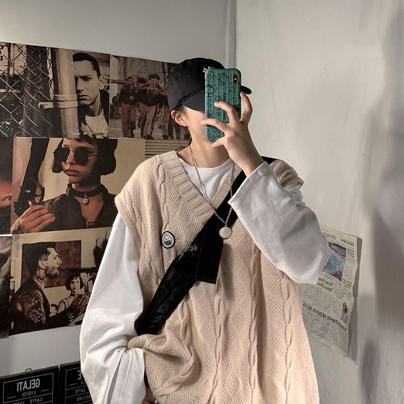 Áo thun sát nách cổ chữ V dáng rộng màu đen phong cách Harajuku Hàn Quốc cho nam size M-2Xl