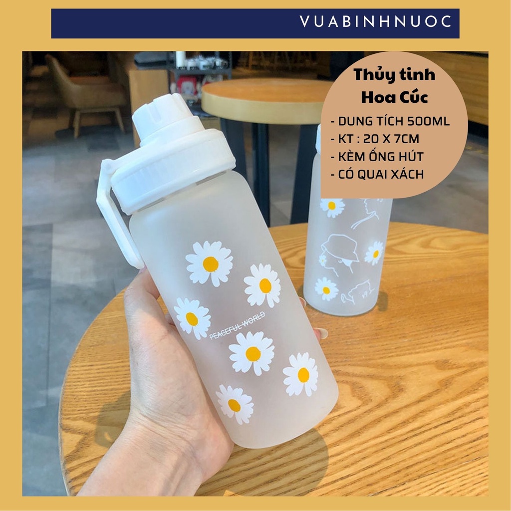 Chai bình thủy tinh Hoa Cúc 500ml + ống hút chuyên dụng