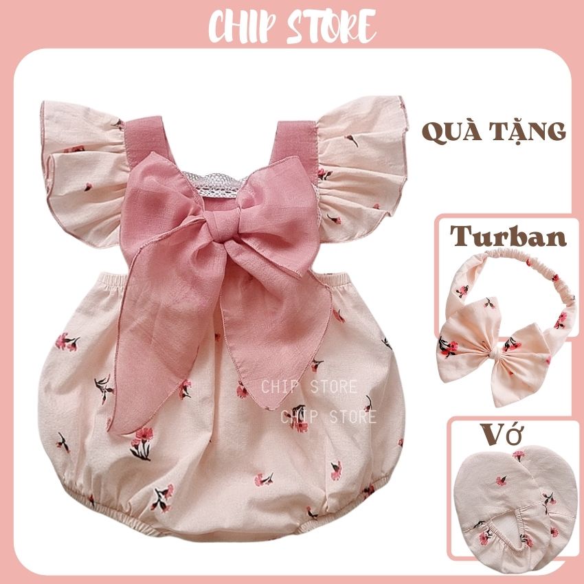 Set Body Bé Gái Nơ Hồng Họa Tiết Hoa Cẩm Chướng Xinh Xắn Tặng Kèm Turban Vớ CHIP STORE