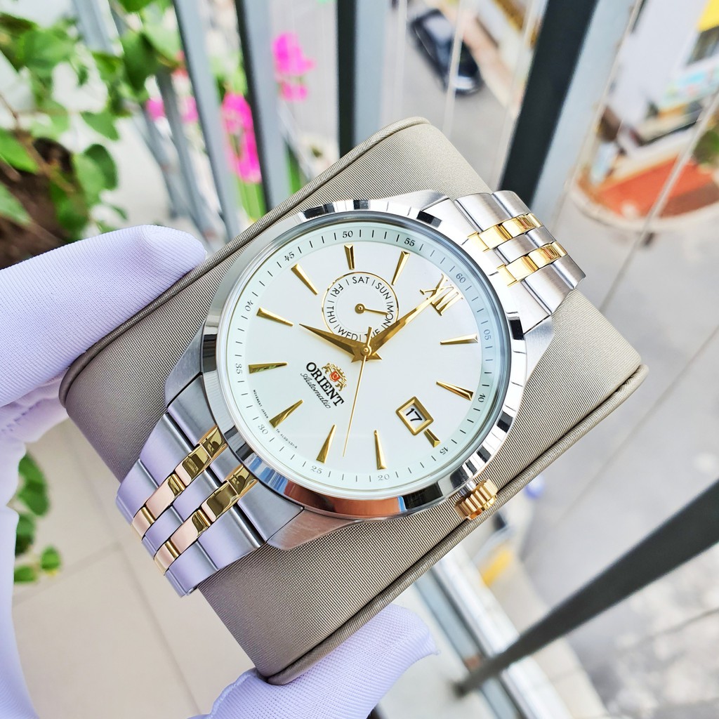 Đồng hồ Nam chính hãng Orient Automatic FAL00001W0 Mặt trắng,Demi vàng,Lịch ngày-Máy cơ tự động-Dây kim loại-Size 42mm