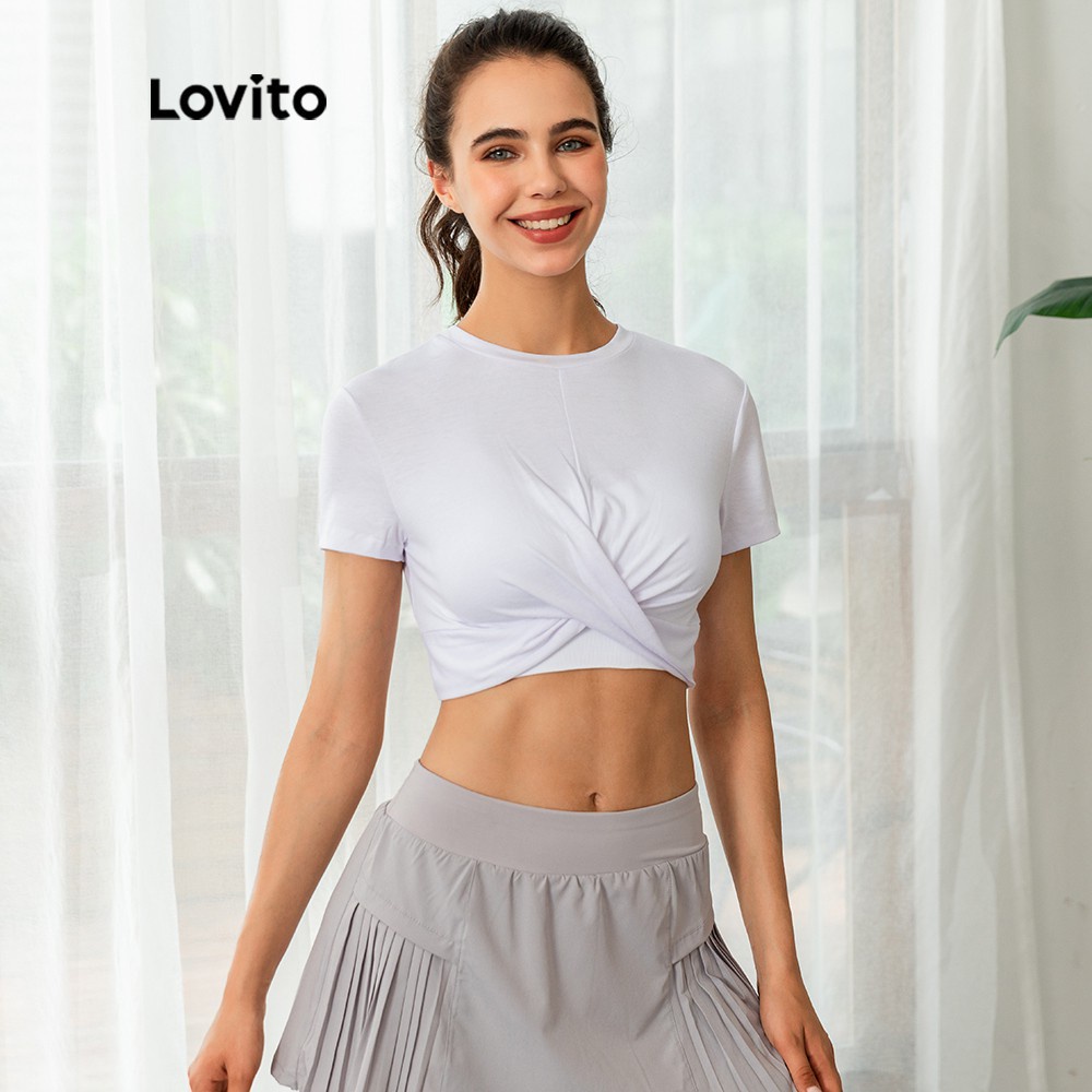 Áo thun crop top Lovito chủ đề đường phố màu trơn cổ tròn cơ bản xoắn chéo L03023 (trắng)