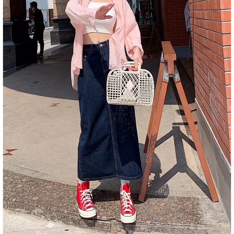 Chân váy bò dài xanh đậm