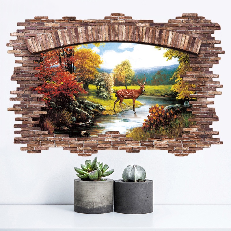 Decal tranh dán tường 3D trang trí nhà cửa - khu rừng và con hươu ( 60 x 90 cm)