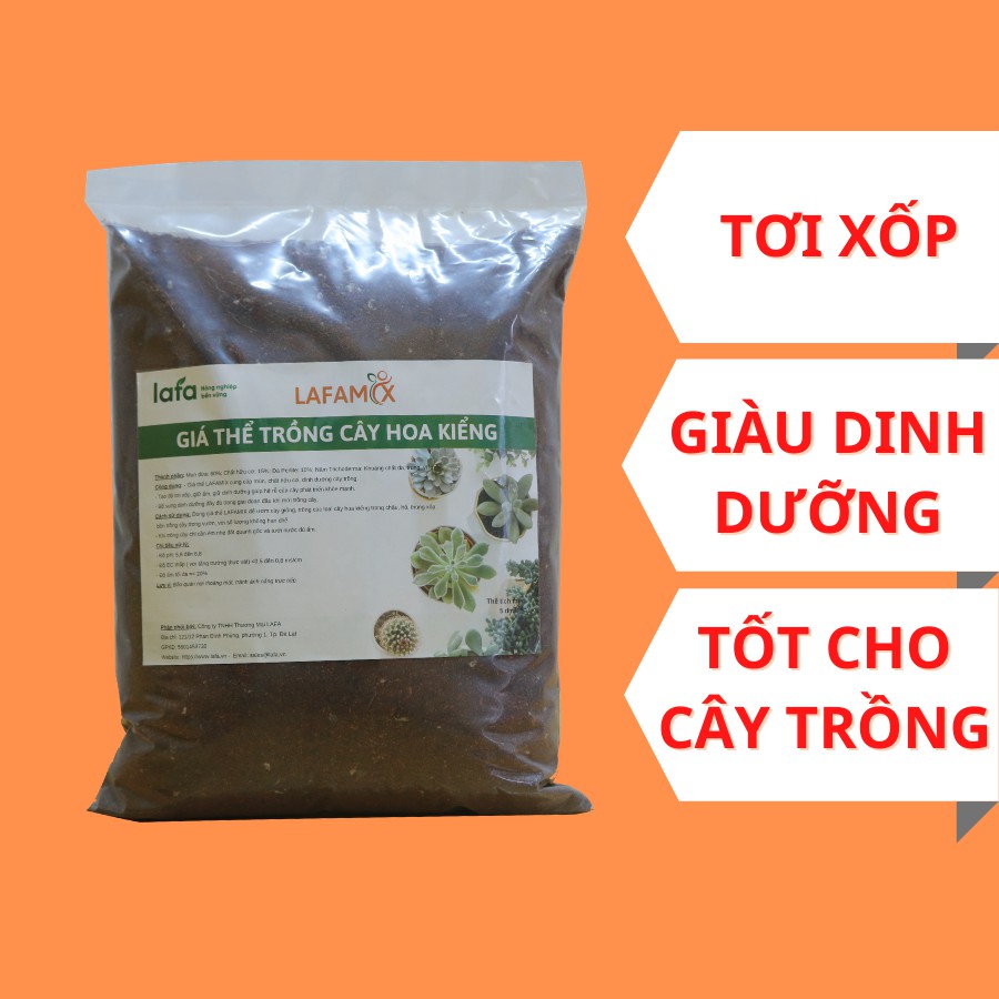 Đất trồng cây hoa kiểng LAFAMIX tơi xốp thoát nước tốt, cho cây trồng phát triển nhanh không bị đọng nước trong chậu