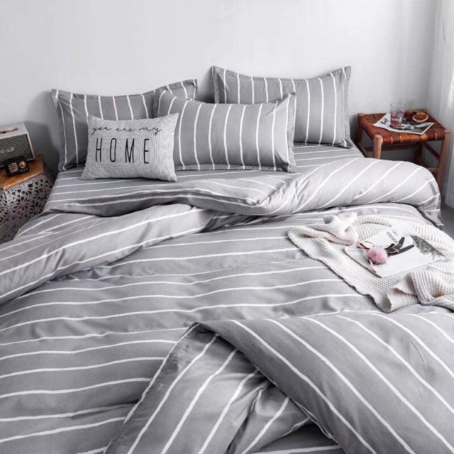 Bộ Drap & Chăn Phao Cotton Poly Kẻ Sọc Xám
