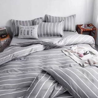 Bộ drap & chăn phao cotton poly kẻ sọc xám