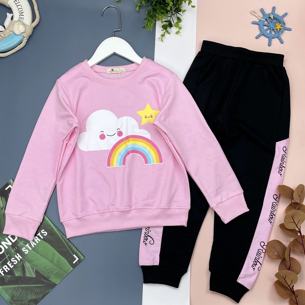 Bộ quần áo nỉ bé gái LITIBABY, hình cầu vồng, size 9/14T, chất nỉ bền đẹp
