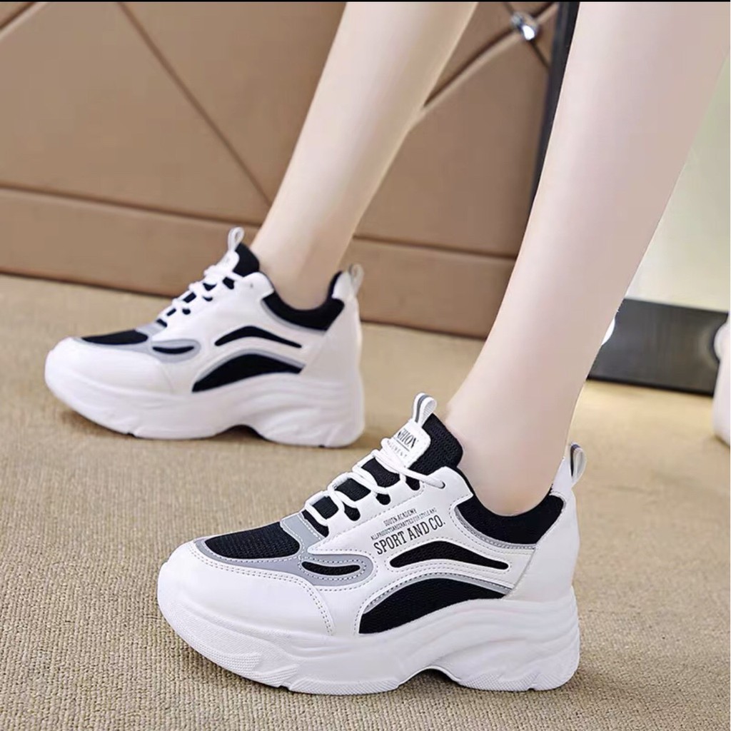 Giày thể thao nữ sneaker chất vải pha lưới độn đế 7cm tăng chiều cao kiểu cực đẹp