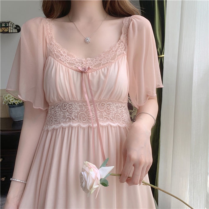 【Spot】Girls Long Dress Pajamas Nightwear Homewear Bigsize Short Sleeve Nightgown With Padded Chest Sexy Summer Fashion For Women