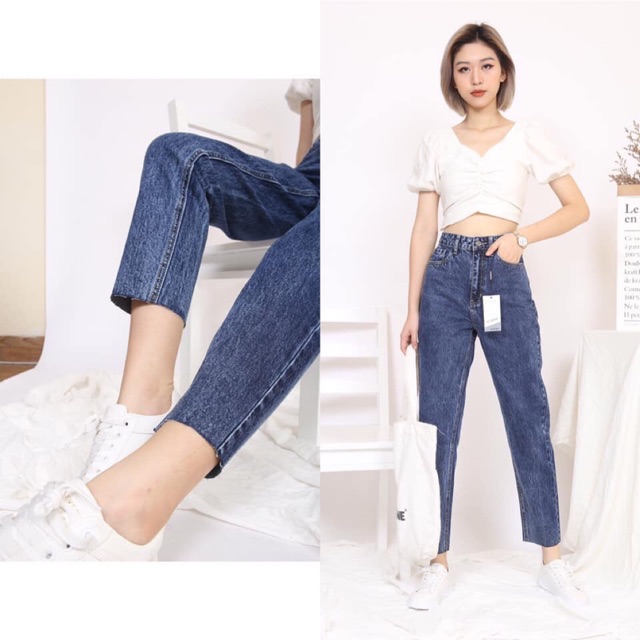 quần jean nữ dáng thụng xước, cạp cao