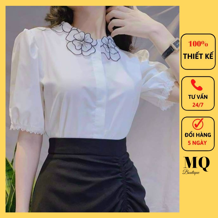 Áo sơ mi nữ trắng cộc tay cao cấp công sở màu trắng phối cổ hoa voan tay bồng phối ren, áo sơ mi thiết kế MQ Boutique