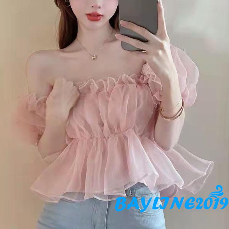 Bay-Women Off Shoulder Blouse, Spring &amp; Summer Solid Color Short Puff Sleeve Pullover