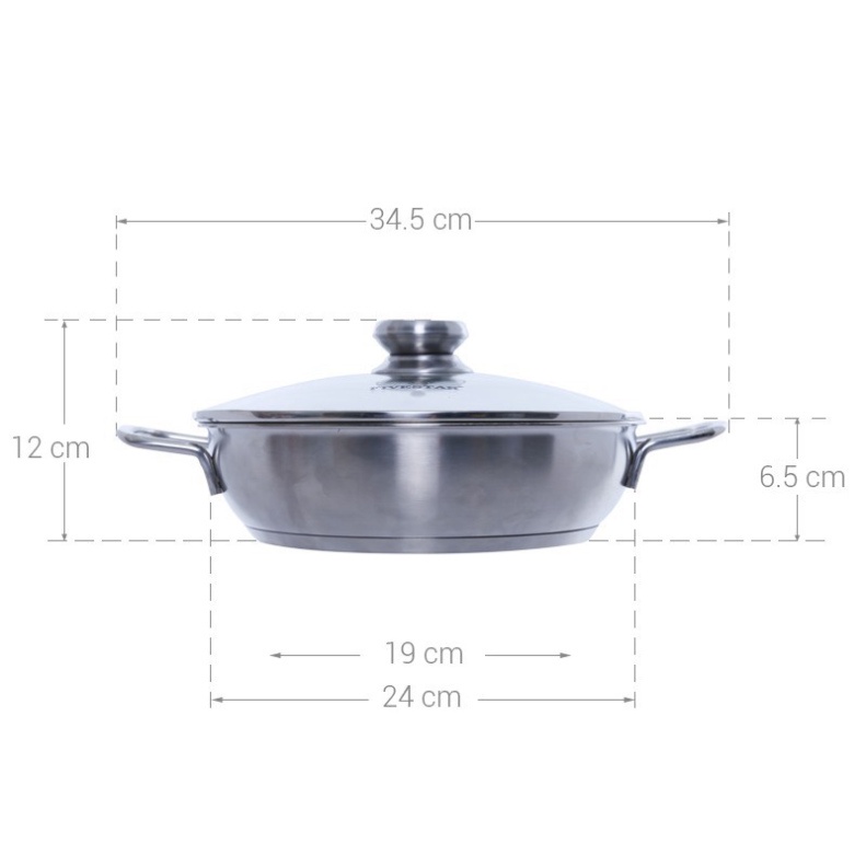 Chảo lẩu caro Inox 3 đáy FIVESTAR 24cm vung kính, dùng được bếp từ , hồng ngoại , gas ( tặng 1 vá canh )