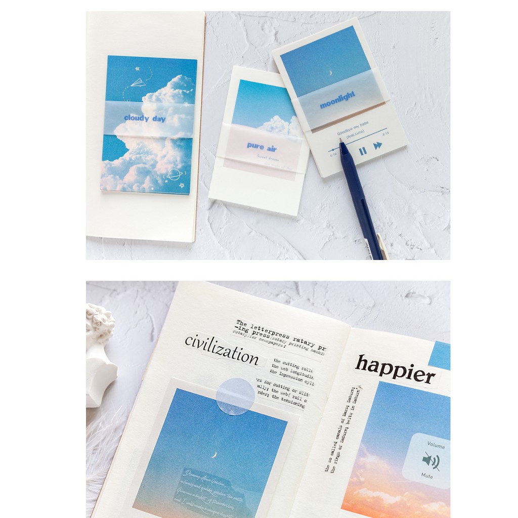 Giấy note màu mây trời trong xanh, mộng mơ trang trí planner bujo dán tường set note paper memo pad diy Stickerbosuashop