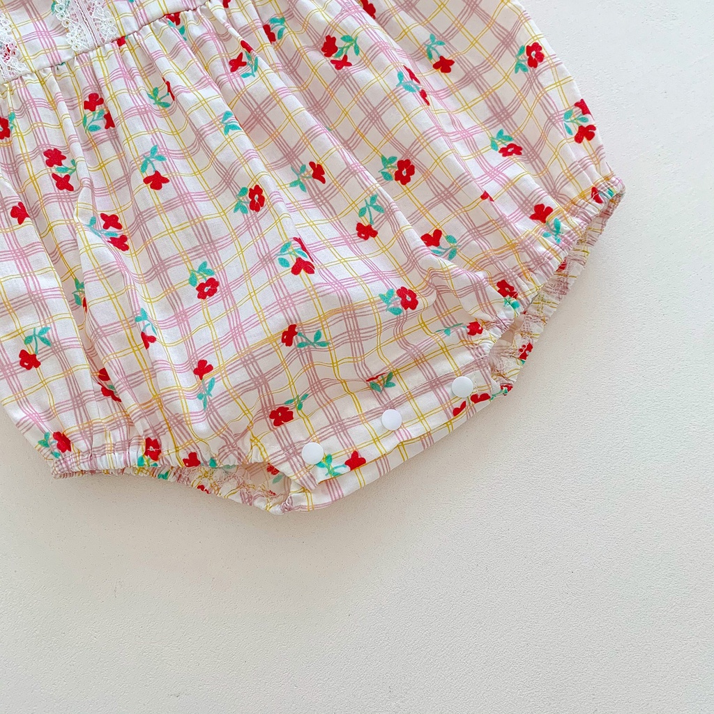 Bộ Áo Liền Quần Ngắn Tay Phối Ren In Hoa Thời Trang Mùa Hè Cho Bé Gái Sơ Sinh