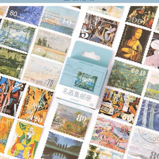 Hộp 45 miếng sticker mẫu tem hình các bức tranh