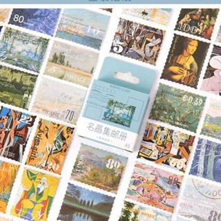 Hộp 45 miếng sticker mẫu tem hình các bức tranh
