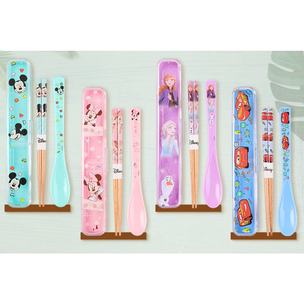 Set đũa muỗng Disney gỗ nhựa kèm hộp trong suốt Frozen Car Mickey Minnie cho trẻ em bé trai gái