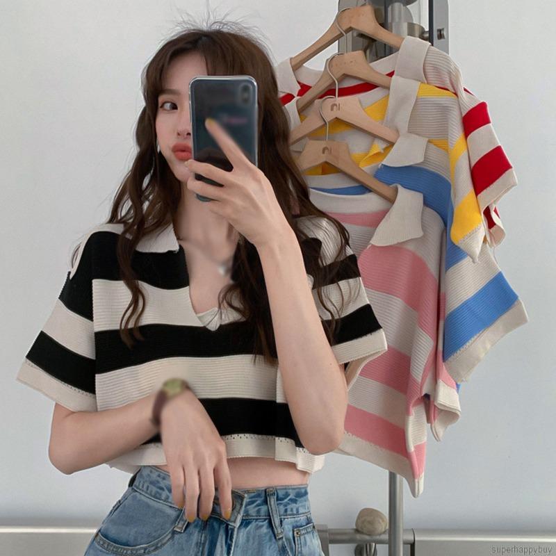 Áo croptop dáng rộng tay ngắn cổ chữ V họa tiết sọc thời trang thường ngày cho nữ