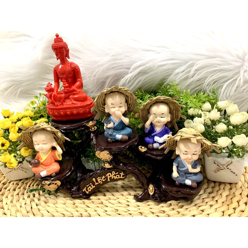 Full Set Phật Thích Ca cùng các chú tiểu Tứ Không tọa đế Tài Lộc Phát (Hình Thật)