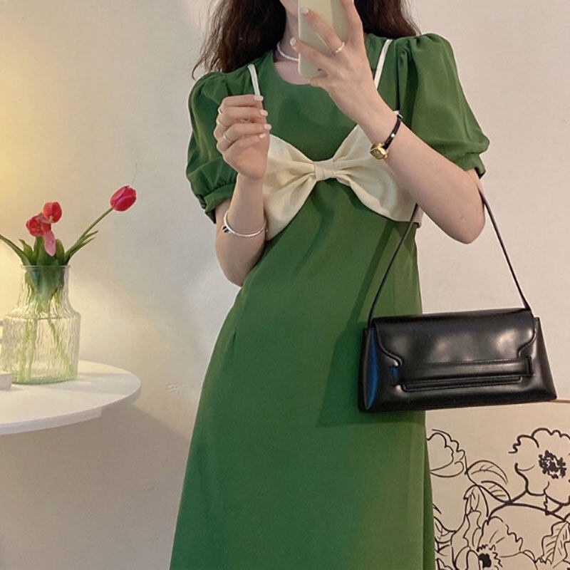 Đầm YEYA tay ngắn cổ tròn trang trí nơ xinh xắn thời trang dành cho nữ
