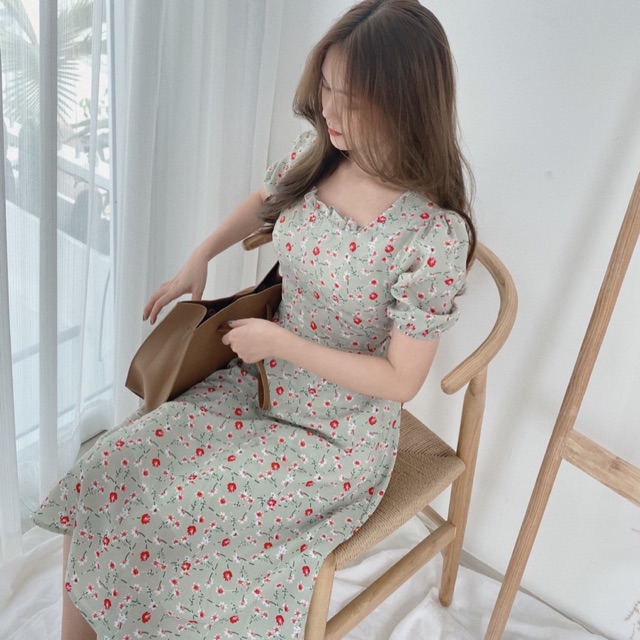 Váy hoa nhí vintage cổ viền bèo tay bồng ngắn tay 🌸 Hàng Quảng Châu