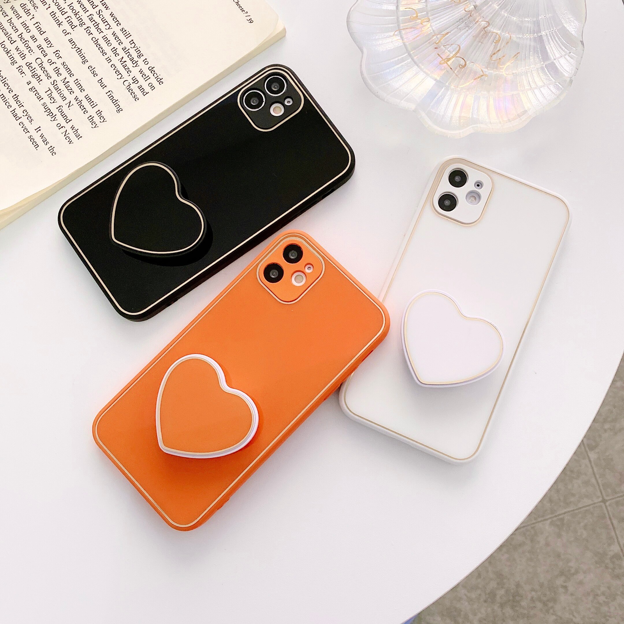 Luxury Plated Gold Heart Holder Case for iPhone 12 Pro Max Silicone Grip Stand Socket Cover for iPhone XR X XS SE 2020 7 Plus 8